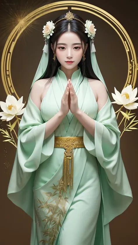 "- **Prompt:** ""Create an image of the Taoist deity Guan Yin, the Goddess of Mercy and Compassion. She should be depicted with a serene expression, wearing flowing white robes adorned with intricate silver patterns. Her multiple arms should be gently exte...