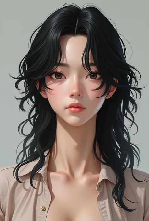 (photorealism:1.2) Create an realistic and handsome Asian boy that looks like Geto Suguru with white skin, 180cm tall, slightly muscular but thin body, long, black, wavy, neck-length hair, small and slanted eyes, slightly large nose with a high bridge and ...