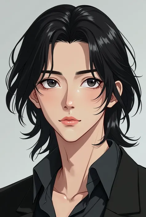 (photorealism:1.2) Create an realistic and handsome Asian boy that looks like Geto Suguru with white skin, 180cm tall, slightly muscular but thin body, long, black, wavy, neck-length hair, small and slanted eyes, slightly large nose with a high bridge and ...