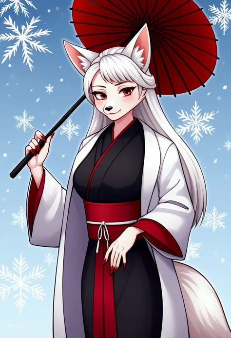 art of an adult female humanoid fox character, showing the whole body, holding a japanese umbrella, with a long animalistic snout, white coat with snowflakes highlighting, Eyes red, long  white hair, big pointed nails painted red, wearing a black kimono, f...