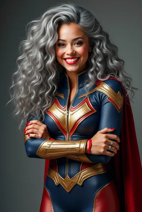 A beautiful youthful looking American version of Ariana Grande as a 50 years old woman with long her completely gray hair in a big curls styles as a retired American inspired superhero wearing her costume suit witch looks like a comic superhero suit again ...