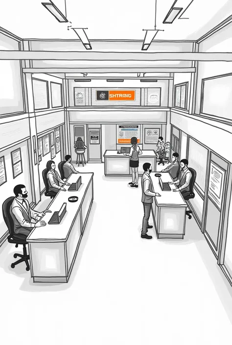 Sketch for an electrical distribution and electrical repair company that has cashier areas and waiting areas, desks for customer service, a desk next to the entrance door and behind it a small office  
