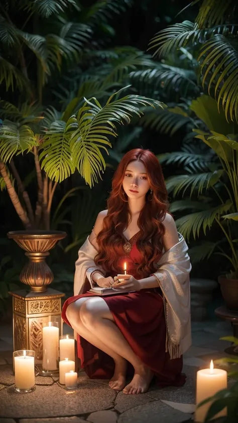 A 25-year-old young woman with long, wavy red hair is kneeling in front of a simple outdoor altar with candles, crystals and plants, an armchair, a glass of water, an incense burner and a candle made of nature, such as leaves and stones.