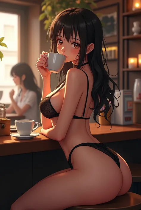 Sexy aesthetic anime girl. Big boobs and ass. Studing with a coffe in a coffe shop. In horizontal format image naked
