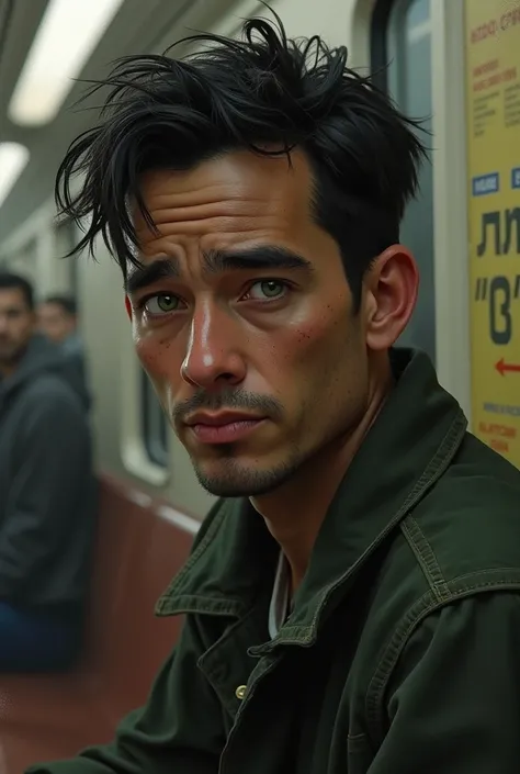 Juan is a tall, thin man., with dark hair . His green eyes are surrounded by dark circles, which reveals his tiredness and hopelessness. He has a beard of several days. happy on the subway