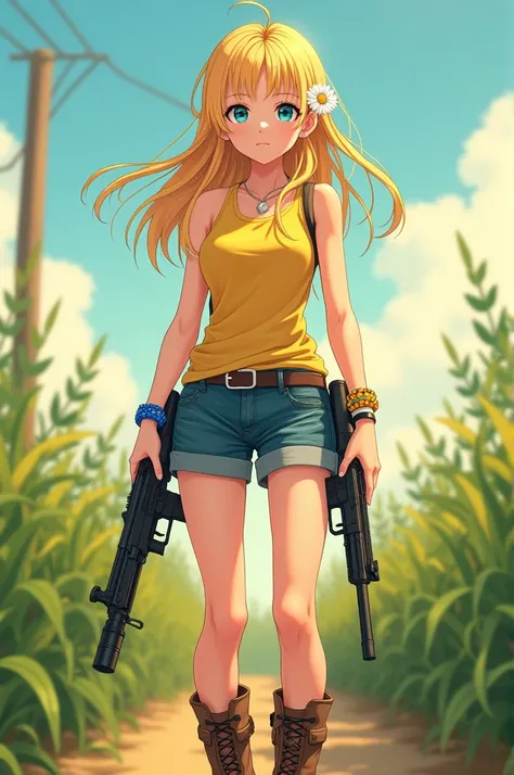 An anime style girl with white skin blue eyes blonde hair yellow tank top jean shorts country boots yellow and blue beaded bracelet a single flower in her hair with 2 zakharov survival knives and 2 semi automatic pistols full body image