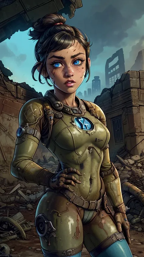 (The best quality,A high resolution,Ultra - detailed,actual), beautiful young woman from the fallout video game series , in a vault tech blue and yellow sexy bodysuit, (short black hair :1.4), wavy black hair tied in a ponytail, (wearing a blue vault suit ...