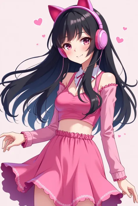 a black haired one with pink cat earphones and a pink top and a pink skirt