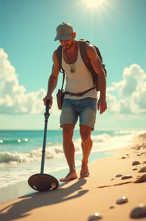 metal detector, 25 year old man, with cap, shorts, tank top, on the beach looking for something

