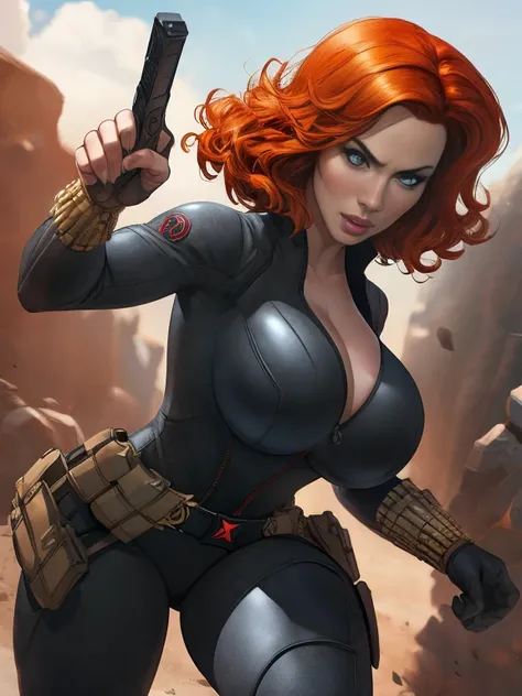 Christina Hendricks as the character Natasha Romanoff/Black Widow from the Marvel Cinematic Universe, 48 years old, short wavy hairstyle, orange hair color, big breasts. In tight black leather suit, metallic armlets, gun holsters and metallic utility belt....