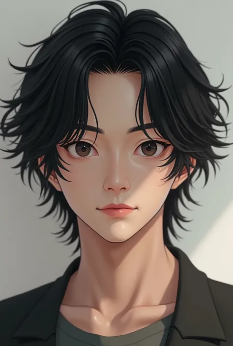 (photorealism:1.2) Create an realistic and handsome perfil pic of a Asian male man boy that looks like Geto Suguru with white skin, 180cm tall, slightly muscular but thin body, long, black, wavy, neck-length hair, small and slanted eyes, slightly large nos...