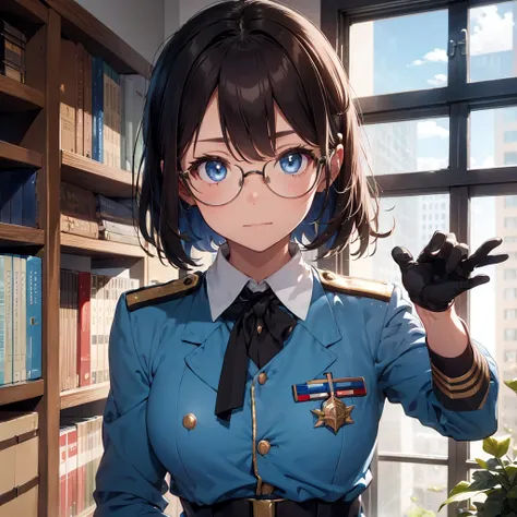 a military man, sky blue uniform, brown hair, blue eyes, circular glasses, black gloves, medals, epaulets, luxurious office, window, bookshelf, map