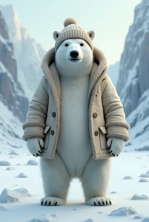 A humanoid polar bear wearing a coat and a cap