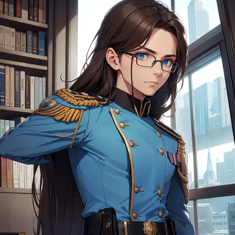 a military man, sky blue uniform, brown hair, blue eyes, circular glasses, black gloves, medals, epaulets, luxurious office, window, bookshelf, map