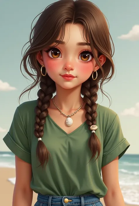 Realistic girl with light skin, Medium brown hair cut and heart braid hairstyle, with round face, light brown hazel eyes, with a flirtatious look, pink lips, little bust, dressed in a green blouse, blue jeans, a seashell necklace and some earrings.