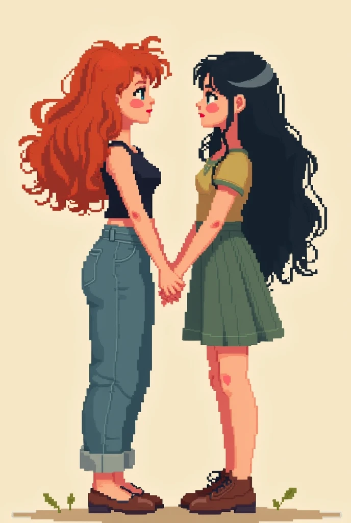 Pass me two girl friends, one of them is a redhead with fair skin and the one with black hair has fair skin.. Holding hands pixel style