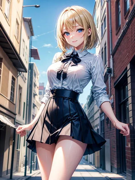 Anime style, super fine illustration, highly detailed, beautiful detailed, pale tone image, static representation, gentle expression, 8k, pretty 1girl with blonde straight short hair & blue eyes & a bright smile & full bust & soft fair skin is wearing big ...