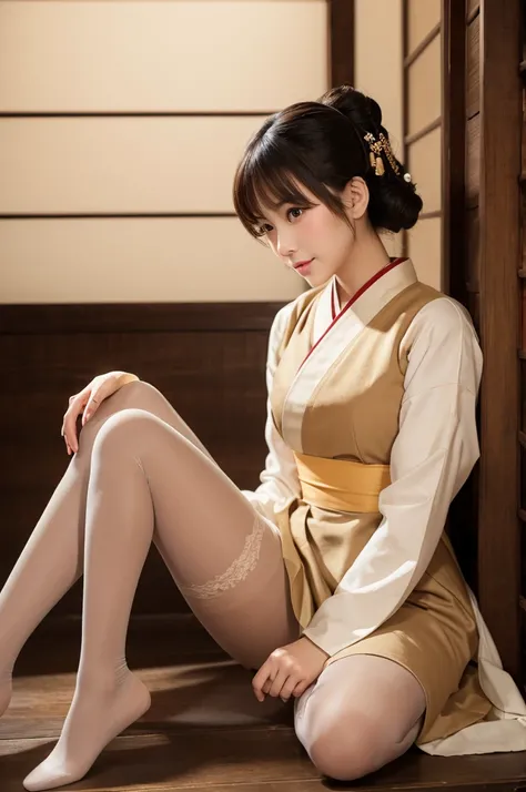 A gorgeous beauty in Edo period style wearing beige pantyhose