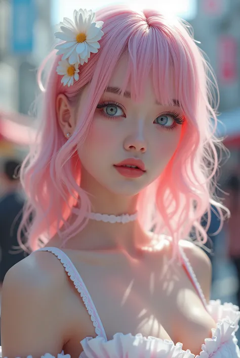 close up hyper-realistic photo of a beautiful korean girl, full body, soft mint pink hair, blue eyes, sailor moon, corset, white tight clothing, thigh-highs, bubble butt, starlight, cotton candy, lolita fashion, thighs, artstation, trending, ultra HD, 4k, ...