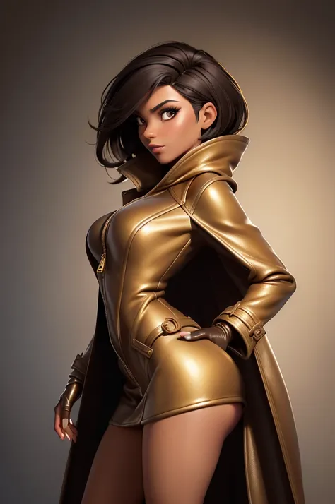 obra prima, melhor qualidade, ((only one woman,)) ((michelle malkin, dark black skin, short brown bob hair, heavy makeup eye shadow)) (((wearing liquid gold leather long overcoat,))) (((overcoat is zipped up, overcoat covers waist and ass,))) ((overcoat ha...