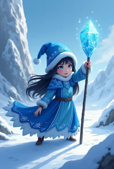 An anime-style gnome ice mage with white skin, long black hair, blue eyes, an ice crystal staff, a blue tunic, and a Russian ushanka hat