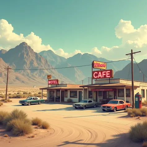 a classic roadside motel and cafe. The setting suggests a desert landscape with mountains in the distance, lending a sense of adventure and a vintage Americana vibe. Realistic photo
