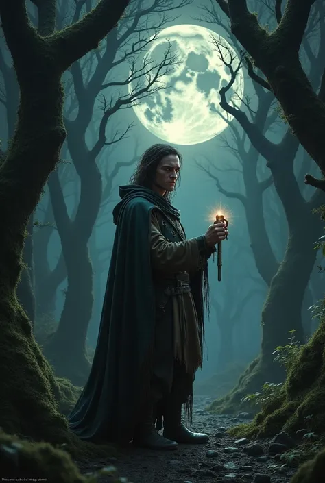 “Create an image of Frodo in a dark fantasy environment. The scene takes place in an ancient and dark forest, with twisted and mossy trees, and an atmosphere full of mystery and danger. The forest is shrouded in a black mist that creeps along the ground, a...