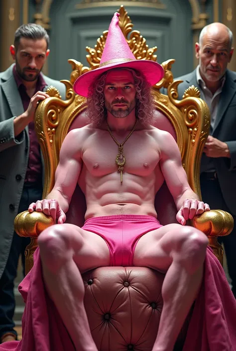 A man with pinkish white skin in pink underwear curly hair with a witch hat, 
 very handsome sitting on a golden throne with two other men at his side