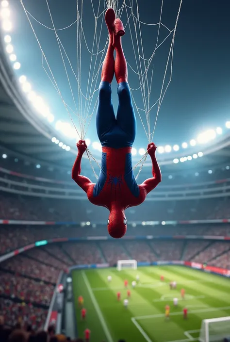 Spiderman hanging upside down from a large web watching the Fortaleza game in the middle of a football stadium