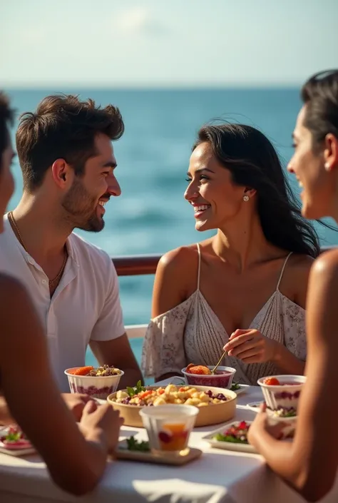 Realistic man and wife 25-35 years old, On the ship black hair eating acai , with friends Ultra HD, high qualiy, best qualityer, high resolution, 8k, 16K