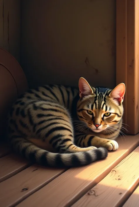 A tabby cat lying on a wooden floor 