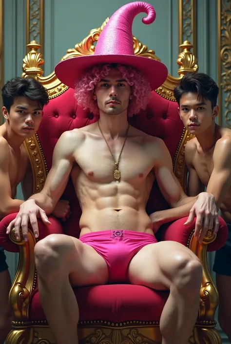 A man with pinkish white skin in pink underwear curly hair with a witch hat, 
 very handsome sitting on a golden throne with two other young men by his side