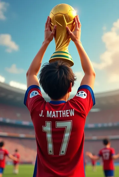 A teenager with the world cup, with the Costa Rica shirt, with the name J.MATTHEW and number 17 with wavy hair 