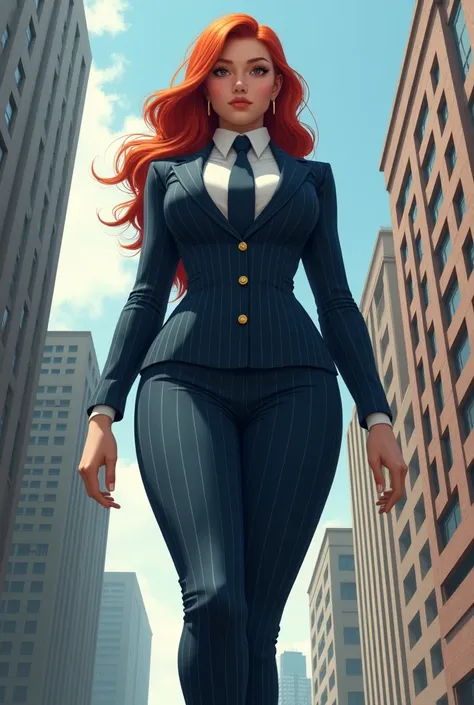 Giantess, larger than a city, big breasts, long red hair, navy pinstriped suit, white shirt, wide dar blue tie, Windsor knot, whole body view, rounded court heels. 