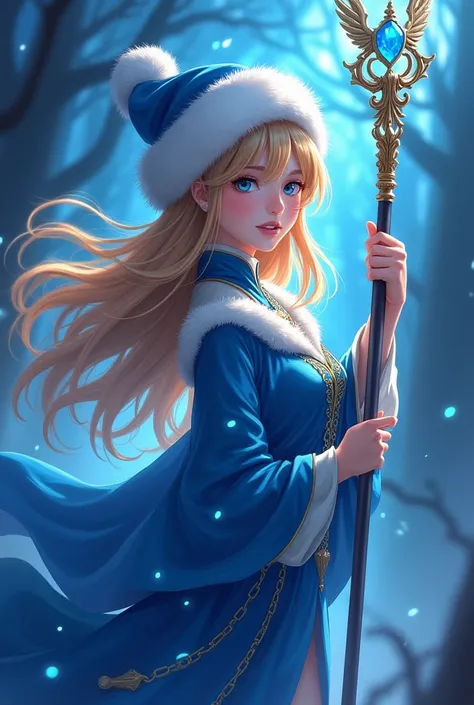 Anime style girl with ushanka with staff blue costume