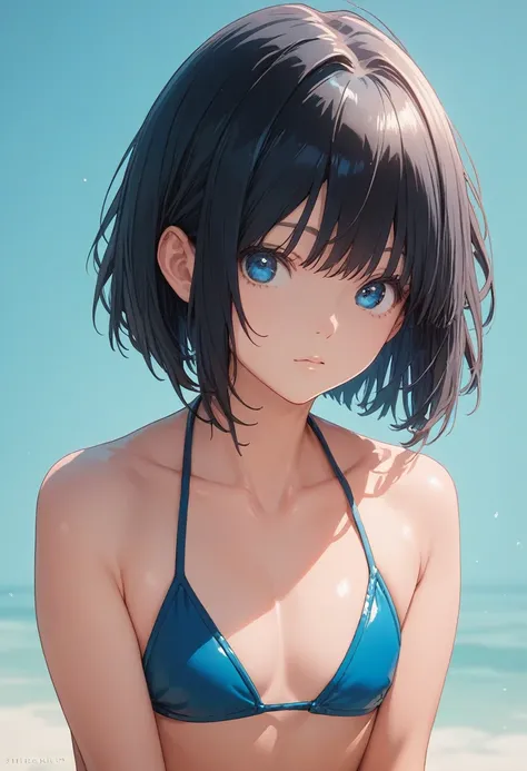 score_9, score_8_up, score_7_up,source_anime, fullbody, high res image,masterpiece,best quality,boy,cute face,clear skin,simple background,black hair,medium hair, bob cut, blue eyes, bikini