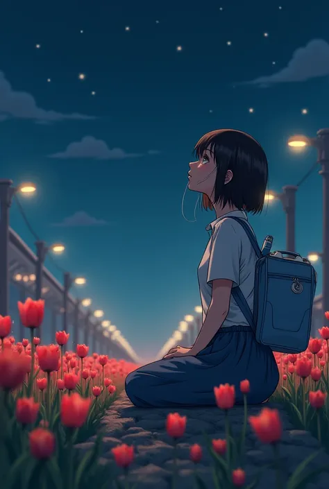 A short haired girl in the middle of a tulip field at a train station she sitting at the lonely station looking up at the night sky with many stars she has an oxygen pump as a bag and cannulas connected to her nose