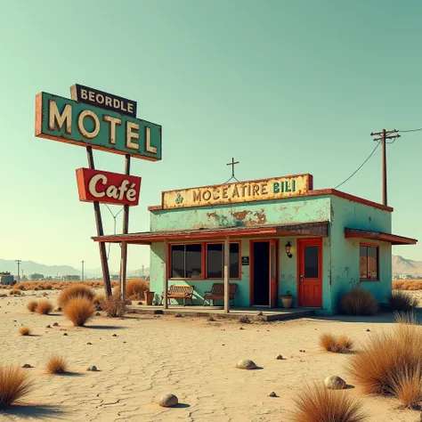 a classic roadside motel and cafe. The setting suggests a desert landscape with town in the distance, a vintage Americana vibe, Zombie post apocalypse, Realistic photo
