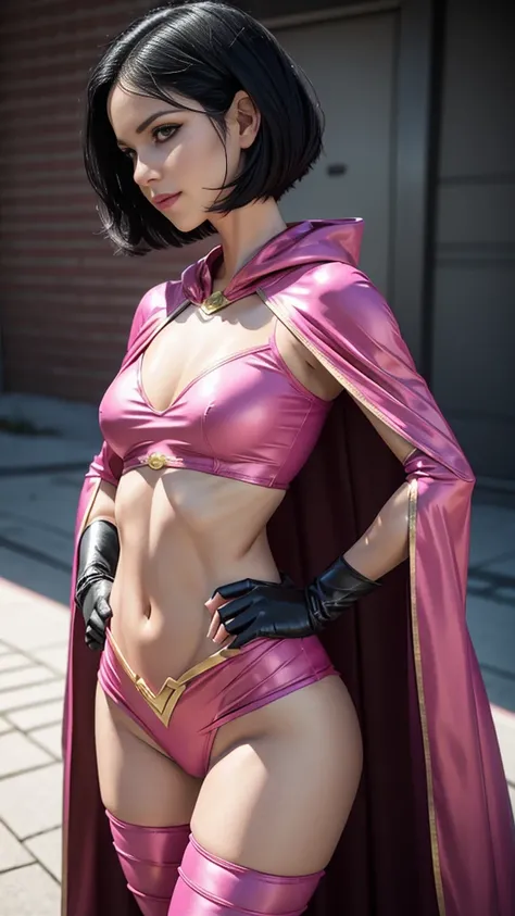 Short skinny Lana, short black hair, (flat chest), (exposed flat tummy), slight smile, round butt, tight superheroine pink costume and cape, pink heroine mask