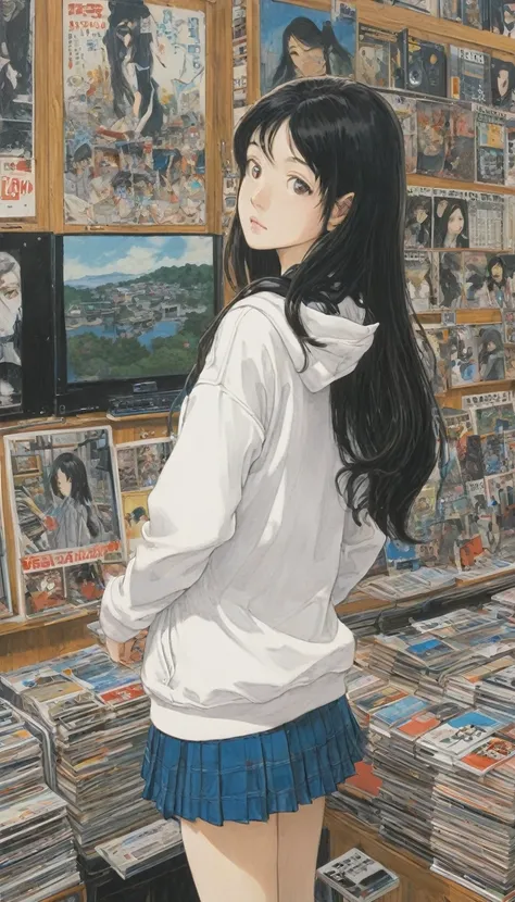 Naoki Urasawa、Beautiful girl、Highest quality、masterpiece、Ultra high definition、Japanese、White hoodie、high school girl、Long Hair、Black Hair、record shop、Japanese painting、8k