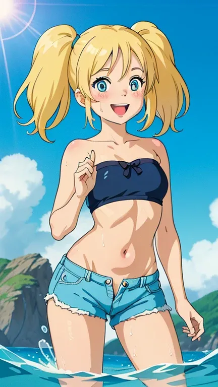 (best quality, masterpiece), ghibli style, 1girl, bubbles, cute pose, smile, laughing, ocean, bandeau, shorts, yellow-blonde hair, blue eyes, short twintails, pigtails, blush, looking at viewer, cloud, splashing, waves, sun, mountain, wet, navel, Perfect h...