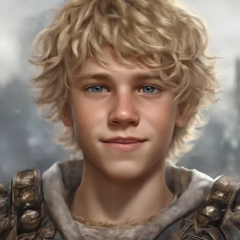 Blond boy with wavy hair and bangs, cyber punk medieval, smiling, glad, dancing.