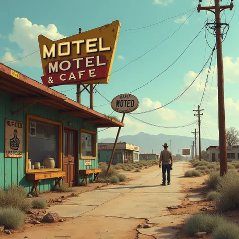 a classic roadside motel and cafe. The setting suggests a desert landscape with town in the distance, a vintage Americana vibe, Zombie post apocalypse, zombie, poster, Realistic photo
