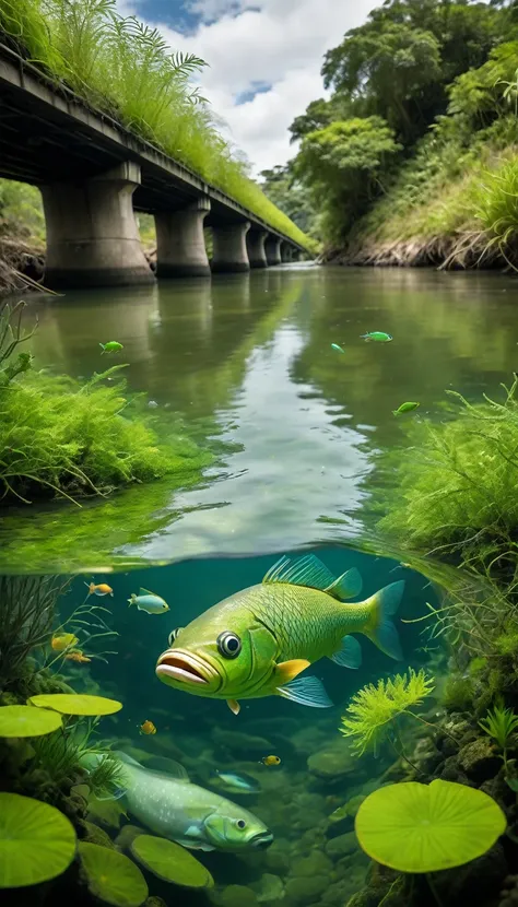 wide angle photo, under the river with algae and plants, a fish with a bolsonaro´s face