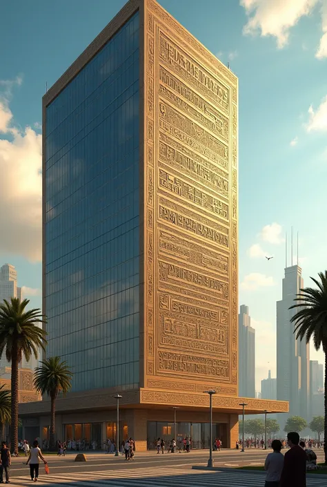 Create an image of large commercial buildings with a large name on the facade written in hieroglyphics, the name of the companies mixing an ancient pharaonic city with the modern, showing a large facade with a sign written in hieroglyphics. 