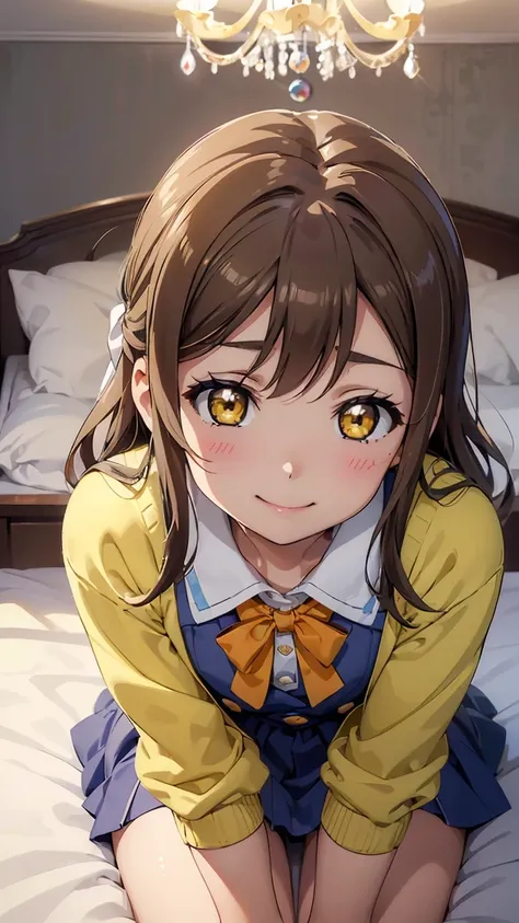 hanamaru kunikida, long hair, bangs, brown hair, (yellow eyes:1.3),
long sleeves, bow, school uniform, serafuku, bowtie, cardigan, uranohoshi school uniform, yellow cardigan,---- ((Top view 1.3))),((Top view of lying down 1.3))), ((Lying on bed with legs s...