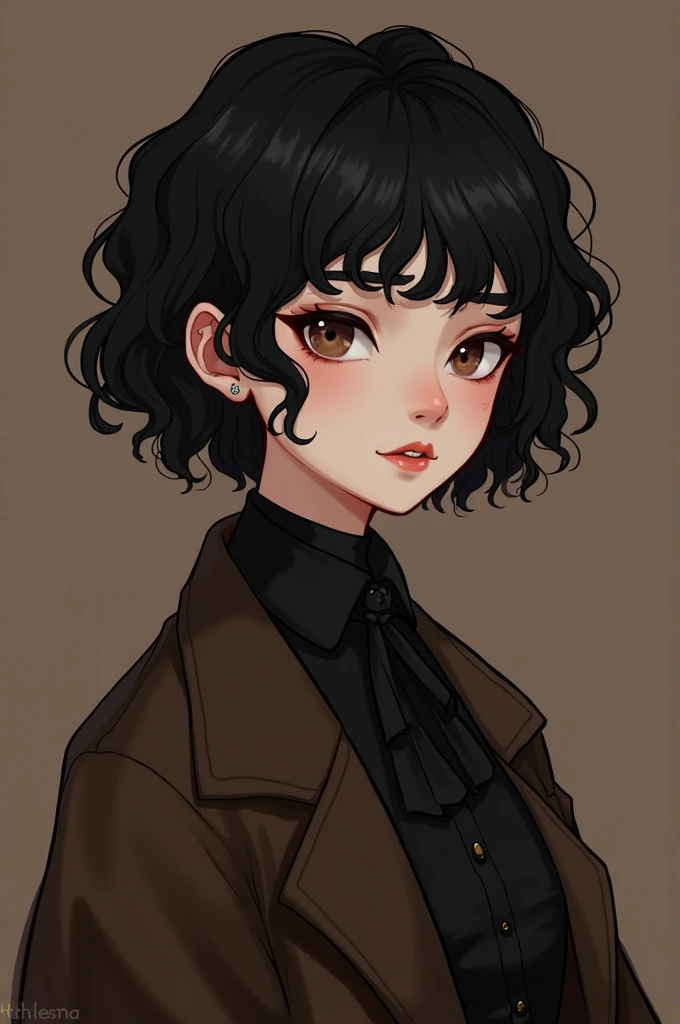 22 year old non-binary, with short wavy Pixie hair/curly 2c/3rd almost black in color, Small Helix Ear Piercing on One Ear Only, with a dark academy style outfit with dark brown tones, eyes browns, Small face, small nose but not that much, small mouth, sma...