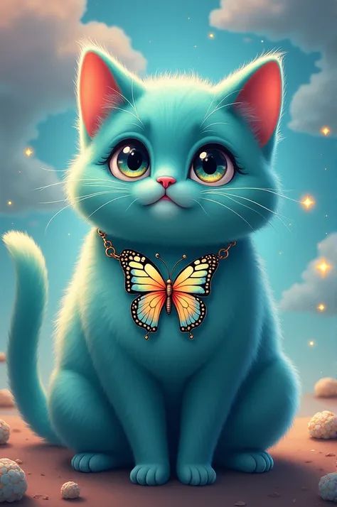 A frajola cat with a butterfly necklace