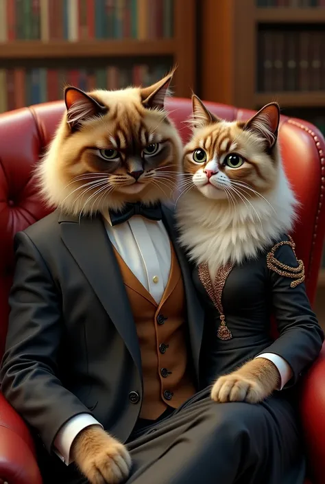 Very rich Himalayan cat wearing elegant suit sitting on a luxurious chair in his office and next to him A very sexy female Himalayan cat wearing an evening dress, real, high resolution detail, full picture as real life