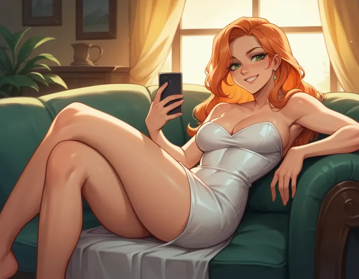 raw, analog style, a sincere, beautiful woman, (smiling), green eyes, Long Orange Hair, with a tight sexy white dress, Shiny fabric giving the effect of leather quite short and revealing, in the living room of a house, sitting on a sofa with legs crossed, ...